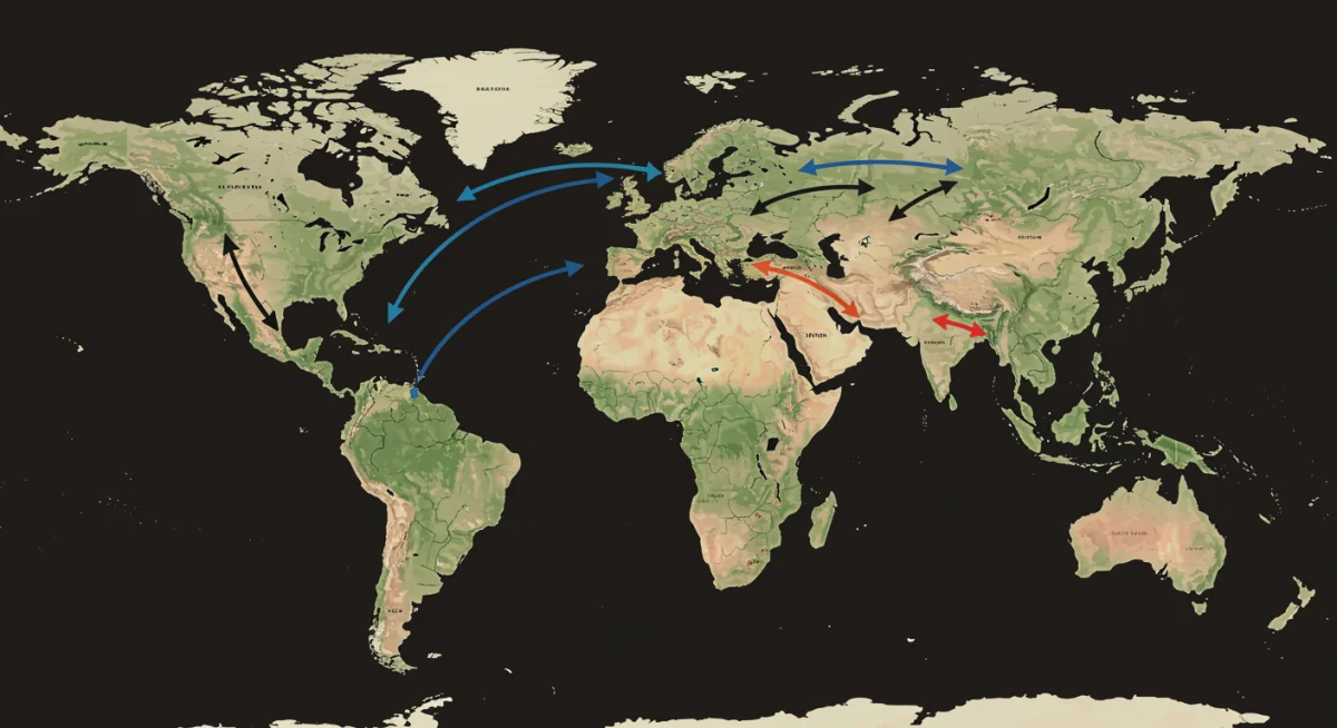 Economic blocs and trade routes shifting, illustrating global economic realignment and new partnerships.