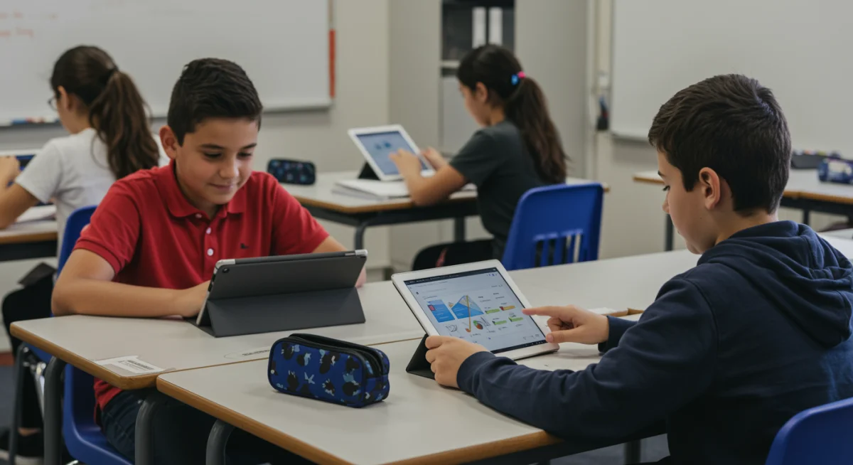 Rural students using digital devices in a connected classroom.