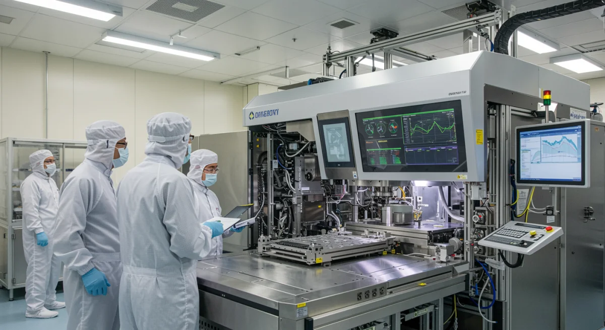 Engineers in cleanroom inspecting semiconductor manufacturing equipment.