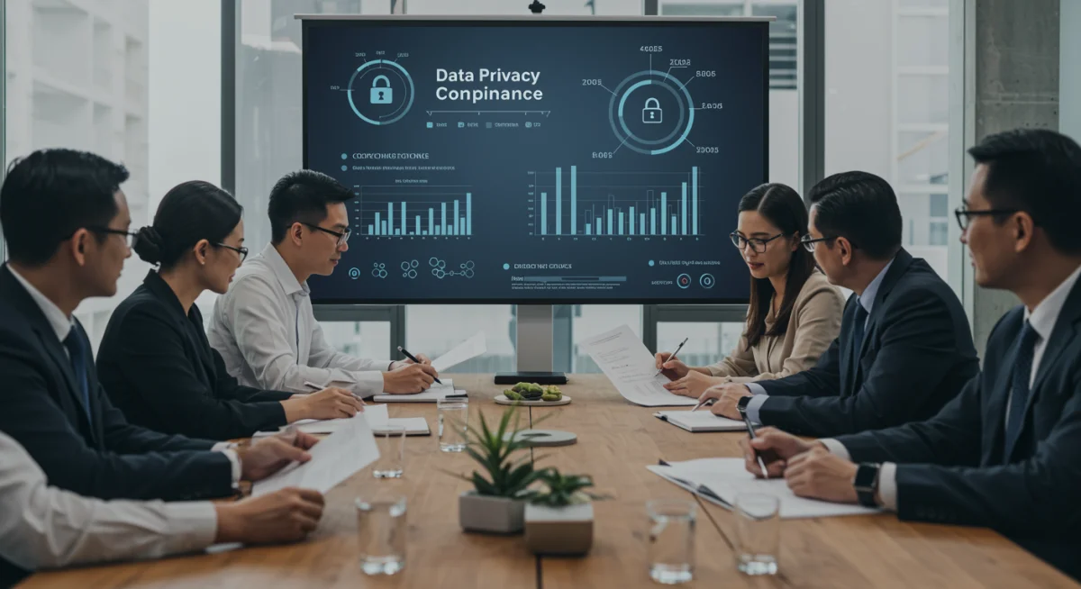 Executives strategizing for data privacy compliance and new regulations.