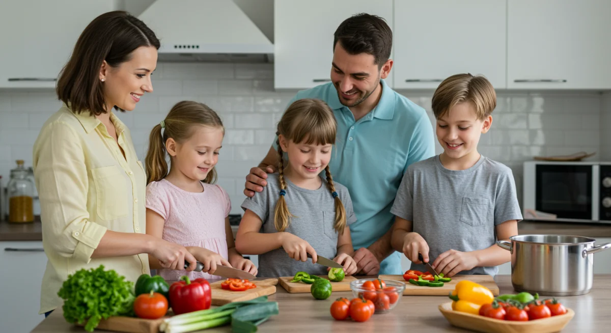 Family preparing a healthy meal together in a kitchen, emphasizing shared culinary experiences.