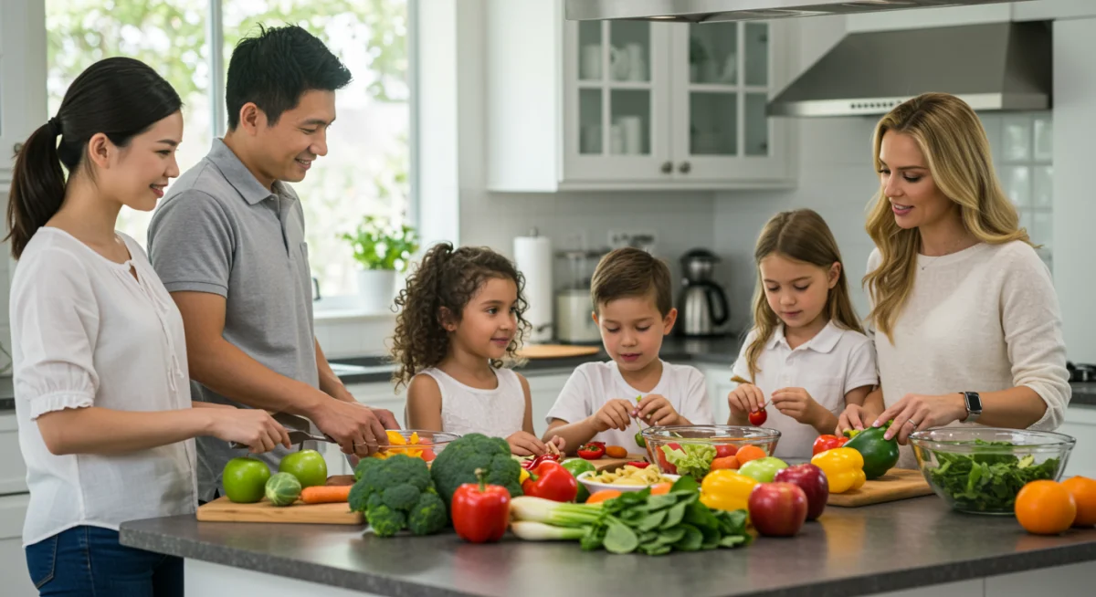 Family preparing a healthy meal with fresh produce in a bright kitchen.