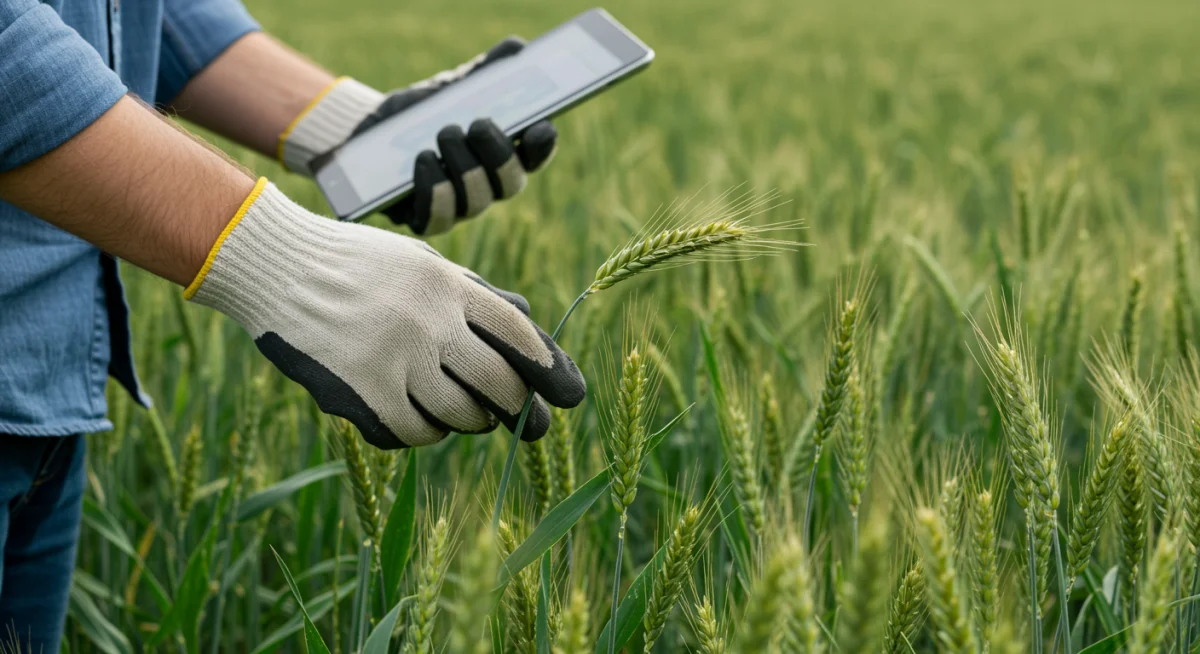 Farmer's hands examining healthy crops, representing sustainable farming and agricultural innovation.