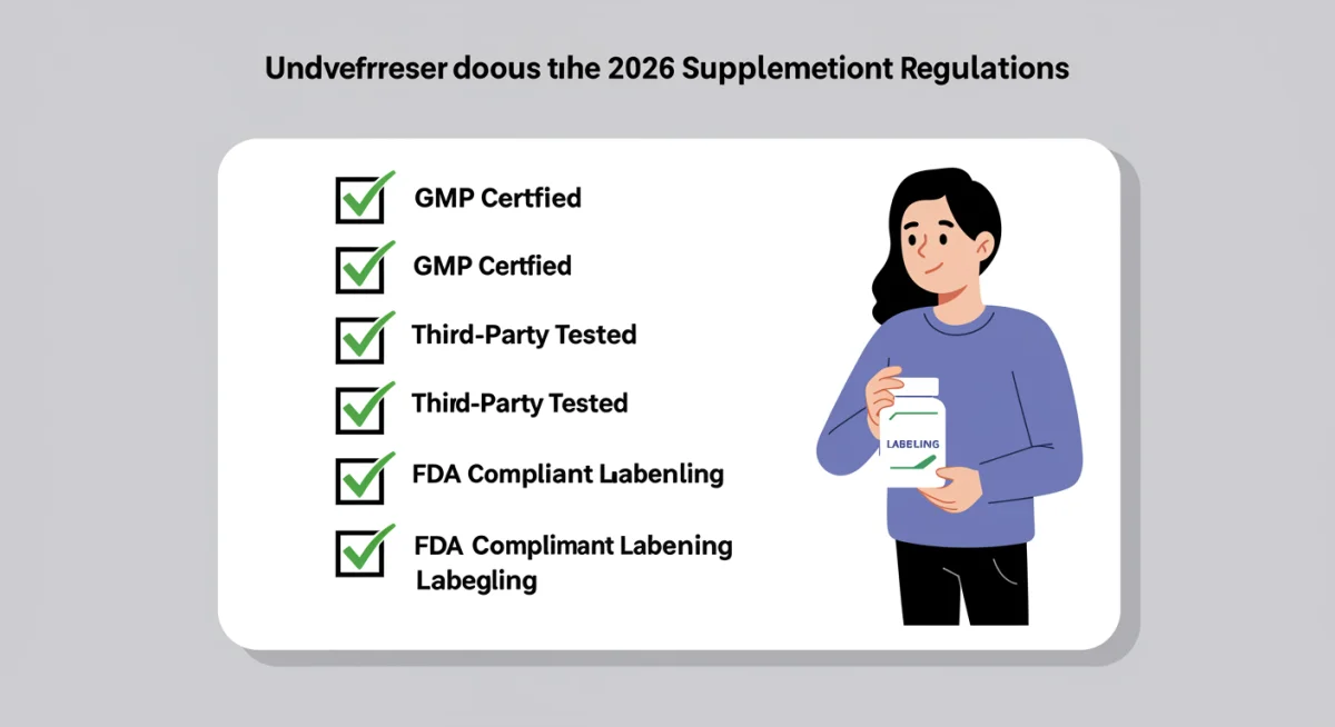 Infographic checklist for FDA compliant supplements: GMP, third-party tested, proper labeling.
