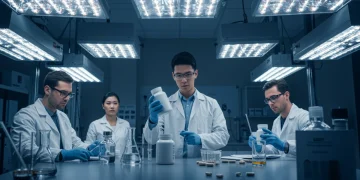 Scientists meticulously examining supplement bottles in a lab, symbolizing new FDA regulations for 2026.