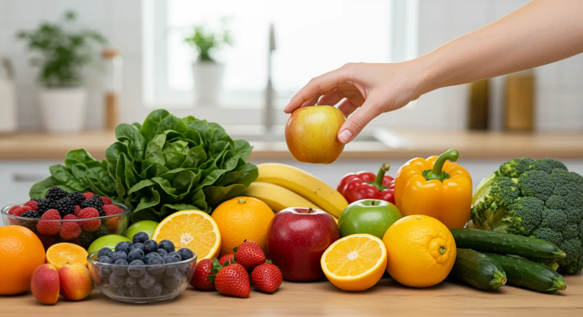 Colorful fresh fruits and vegetables on a kitchen counter, symbolizing healthy eating.