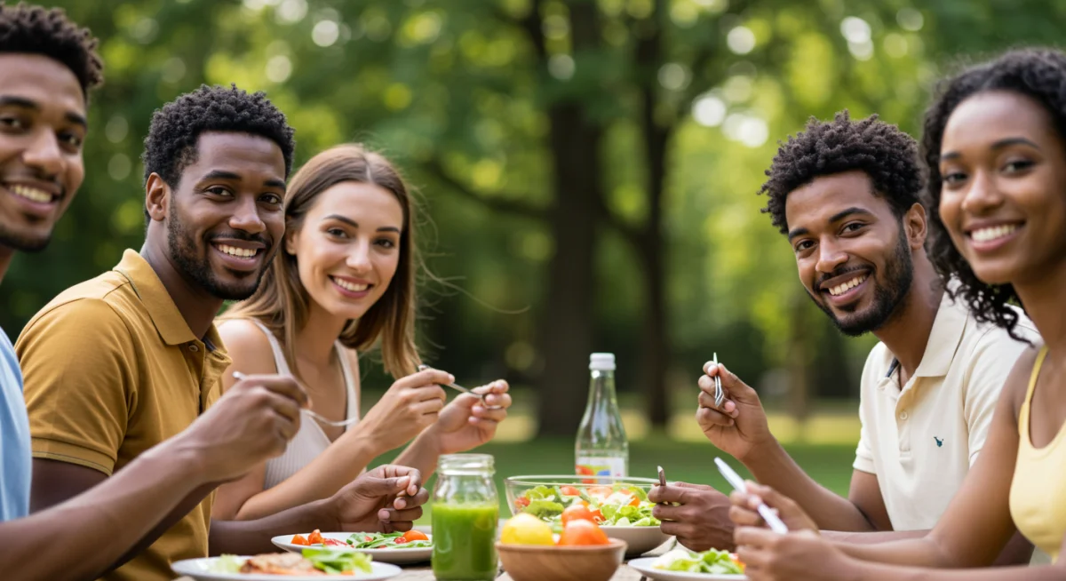Friends enjoying a healthy outdoor meal, promoting social well-being