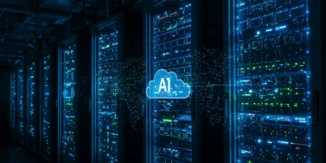 Futuristic data center with AI servers showcasing cloud computing for advanced AI workloads.