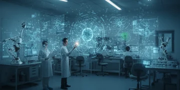 Futuristic lab with researchers exploring bio-inspired AI concepts
