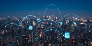 AI's Quiet Revolution: Reshaping 10 Industries by 2030 Futuristic city with glowing digital connections symbolizing AI integration