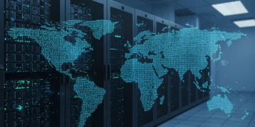 Futuristic data center with server racks and energy-saving symbols