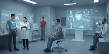 Futuristic healthcare technology integrating AI, wearables, and telehealth for personalized wellness in 2026.