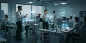 Futuristic office with professionals and AI interfaces, symbolizing the future of work.