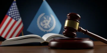 Gavel and law book with US and ICC flags, representing international legal challenges.