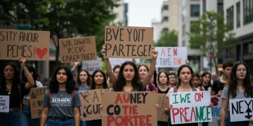 Gen Z protestors advocating for social change in a city street