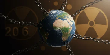 Global disarmament efforts 2026, broken chains around globe with nuclear symbols
