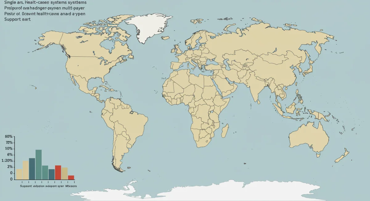 World map showing global healthcare systems, highlighting countries with single-payer models and their prevalence.