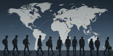 Global Migration Patterns 2026: U.S. Immigration Impact Diverse people migrating globally, world map showing migration routes and U.S. destination.