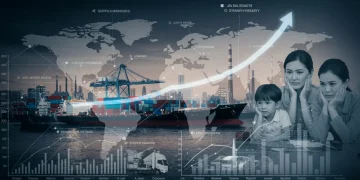 Global supply chain network with rising cost indicators affecting household budget.