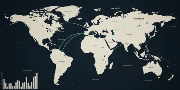 Global trade map showing interconnected U.S. export and import routes with digital data overlays, representing future trade agreements.