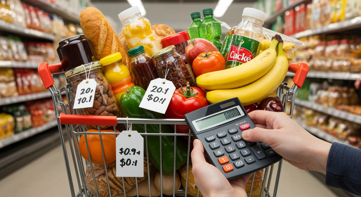 Grocery shopping cart with increased prices due to supply chain issues.