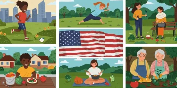 Diverse Americans engaging in healthy activities outdoors, promoting vitality and well-being.