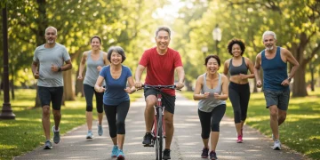Diverse individuals practicing healthy habits outdoors, symbolizing healthy American longevity.