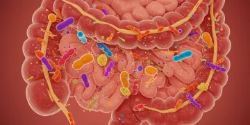 Vibrant microscopic organisms representing a healthy gut microbiome, illustrating natural digestion improvement