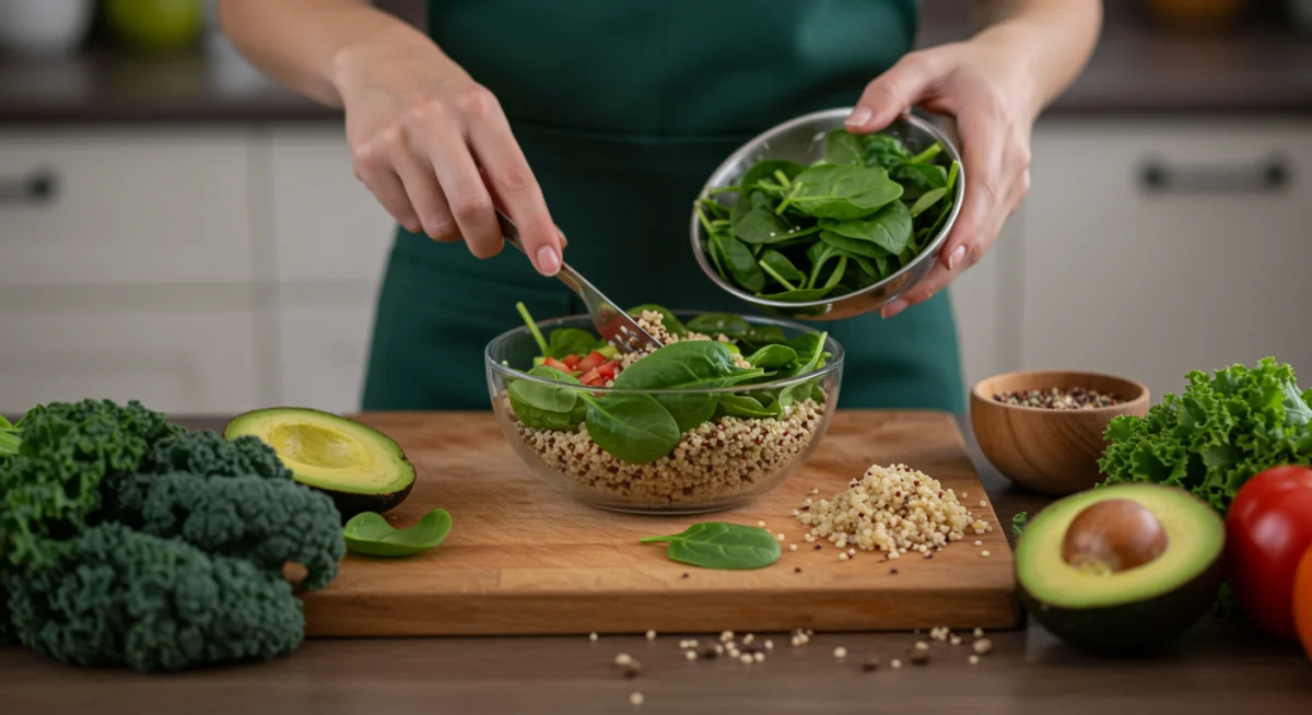 Preparing a healthy meal with leafy green superfoods