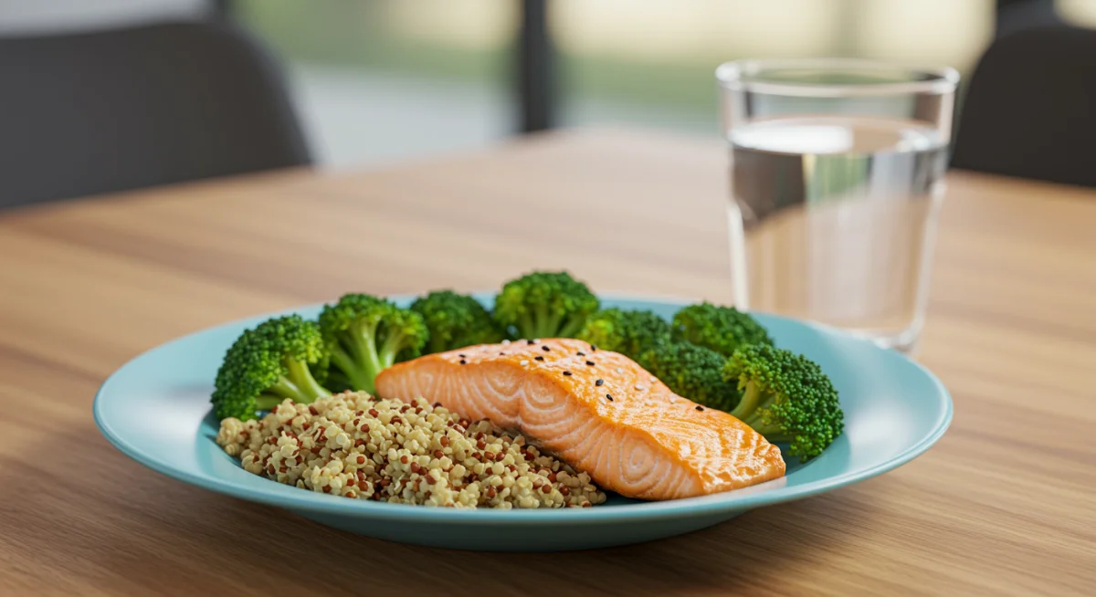 Healthy plate with grilled salmon, quinoa, and broccoli, emphasizing nutrition