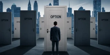 The Illusion of Choice: Fewer Real Options in American Sectors Illustration of limited choices in modern American society, with a person facing identical doors.