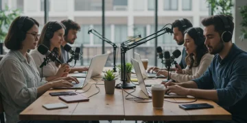 Independent creators collaborating in a modern co-working space, symbolizing the creator economy's growth.