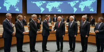 International delegates shaking hands, symbolizing climate accord commitments and global cooperation