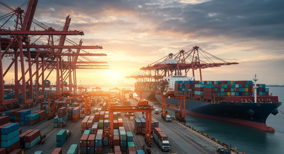 Busy container port symbolizing global logistics and supply chain impacts of upcoming U.S. trade agreements.