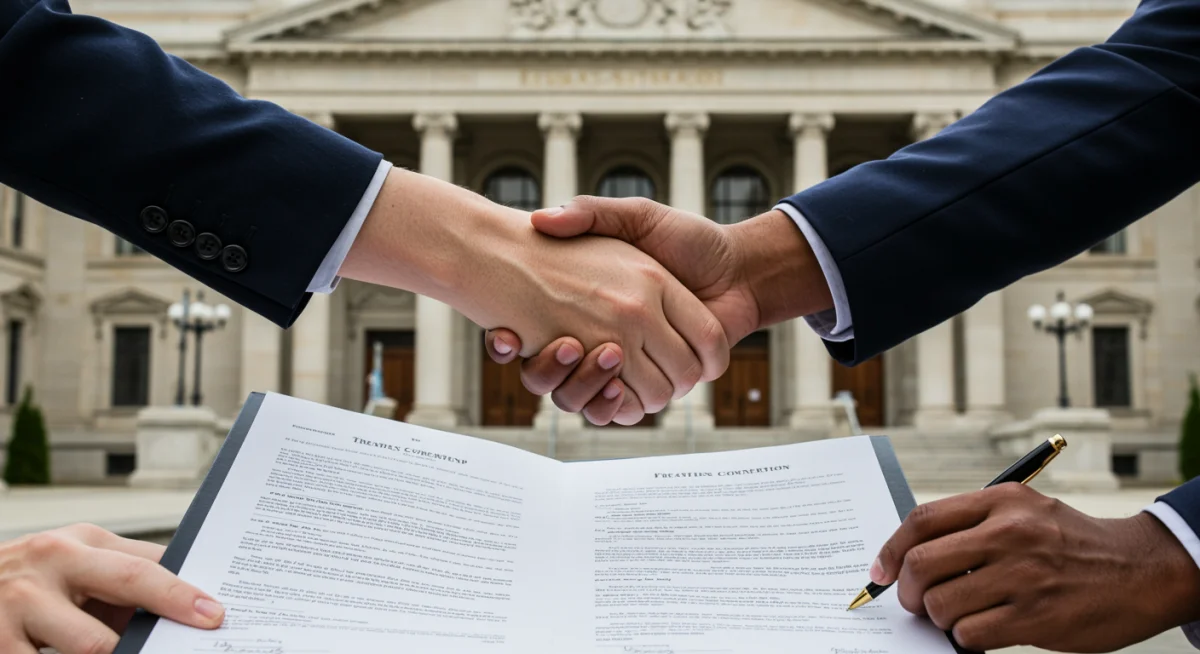 Hands shaking over legal document, representing international treaty negotiations.