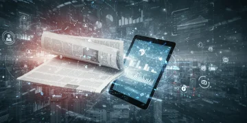 Newspaper transforming into a digital tablet, symbolizing media's shift to digital.