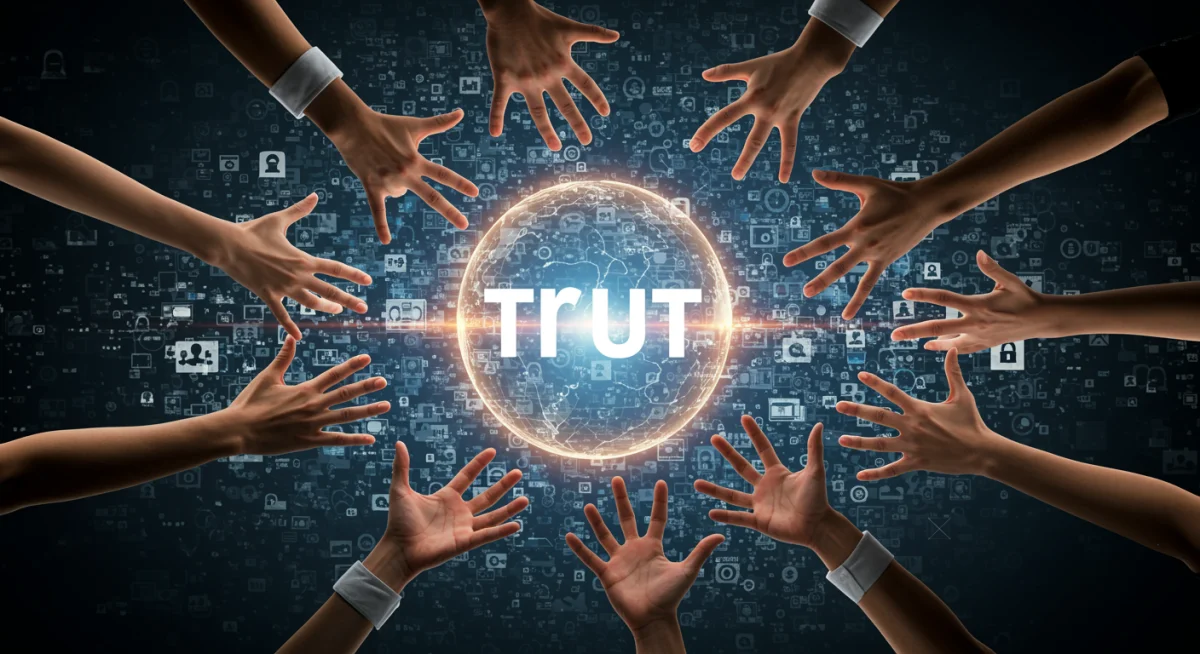Diverse hands struggling with fragmented information, symbolizing media distrust.