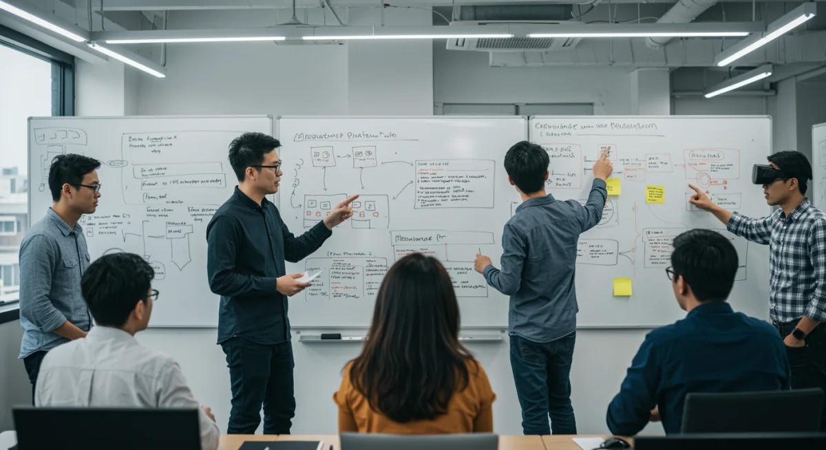 Software engineers brainstorming metaverse architecture and development strategies
