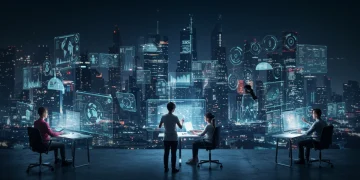 Software engineers collaborating on metaverse development, futuristic digital city