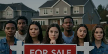 Millennial Homeownership Stagnation: Unpacking the Five-Year Trend Millennials contemplating a 'For Sale' sign, symbolizing the struggle for homeownership.