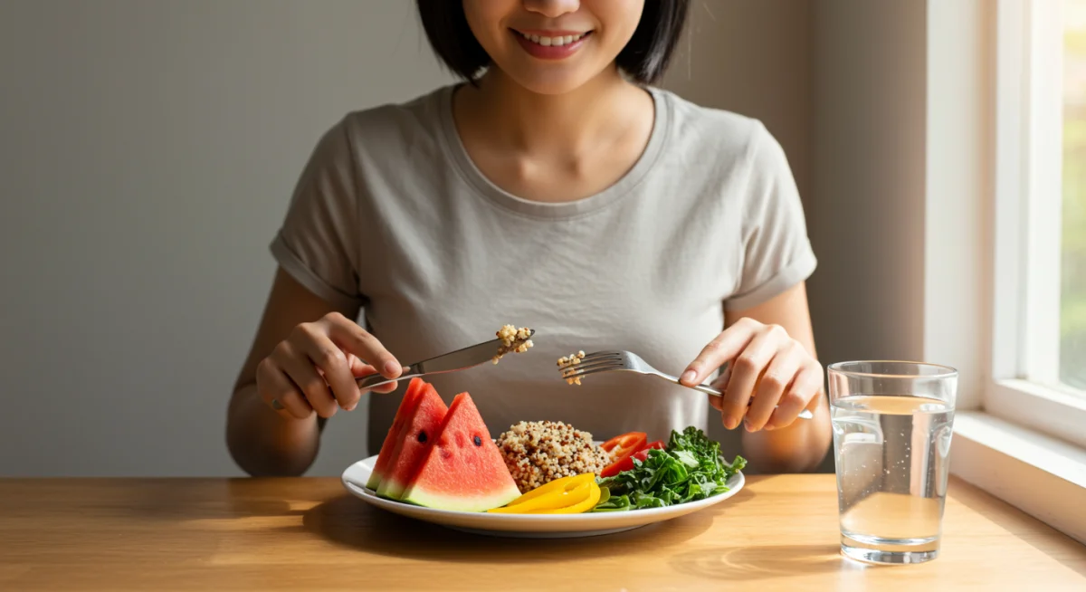 Mindful eating with a balanced meal of fruits, vegetables, and whole grains for digestive health