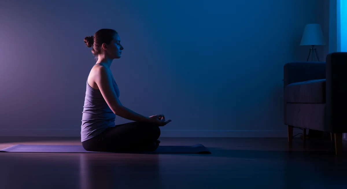 Person meditating peacefully before bed, promoting relaxation and mindful sleep preparation.