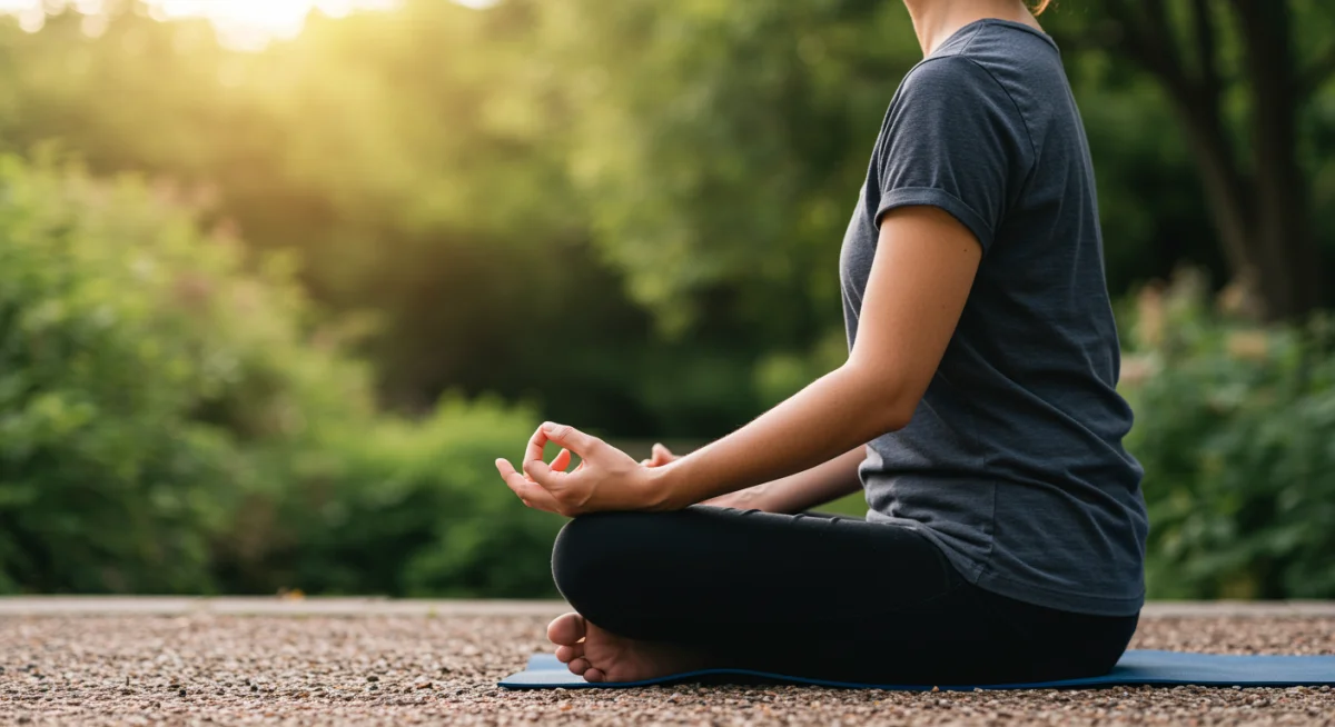 Person meditating peacefully outdoors, demonstrating stress reduction and mindfulness.