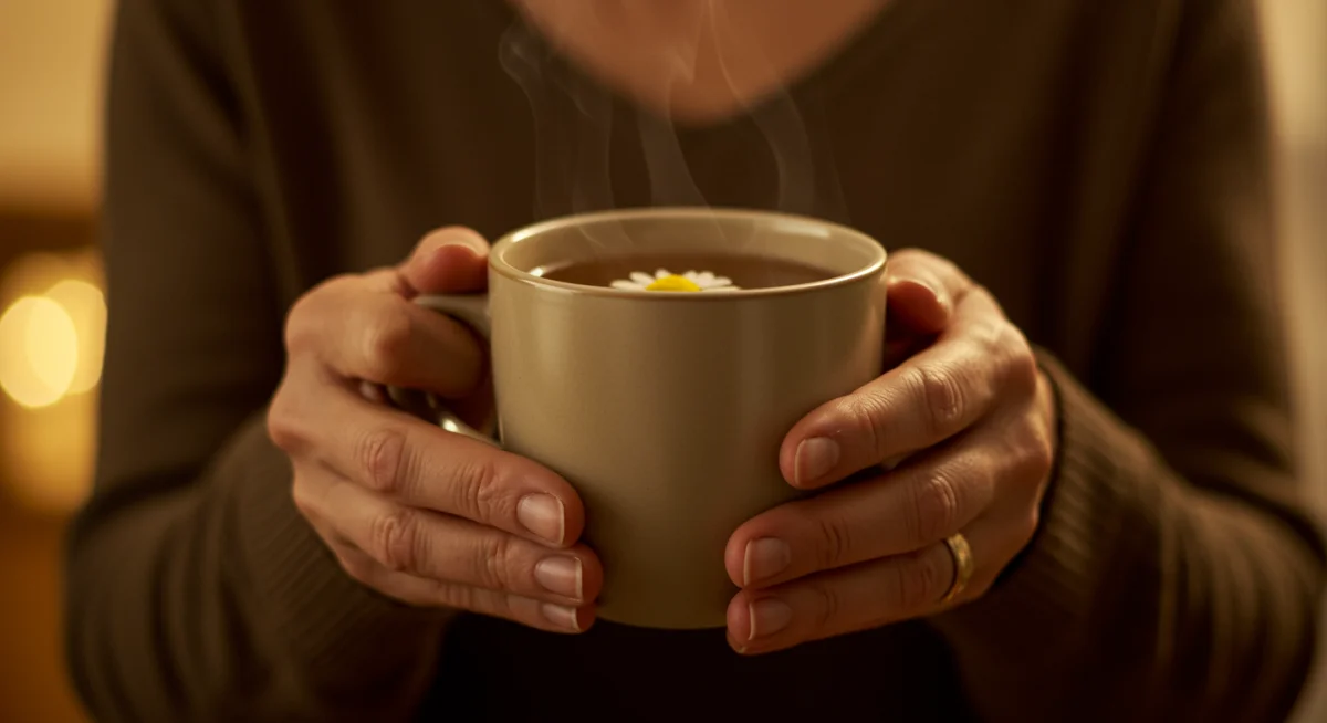 Hands holding a warm herbal tea, practicing mindful eating and drinking.