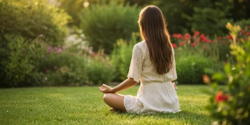 Person meditating peacefully outdoors, embracing mindfulness for stress reduction.