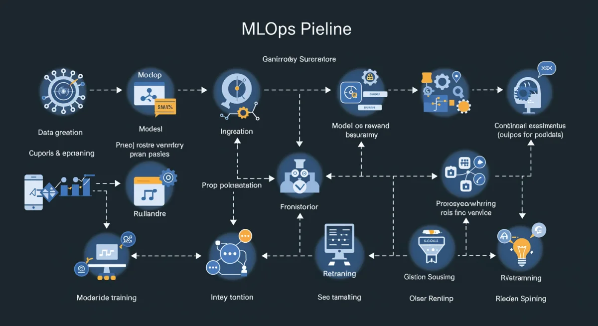 MLOps pipeline infographic showing automated model deployment stages