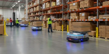 Autonomous mobile robots and human workers collaborating in a modern US warehouse.