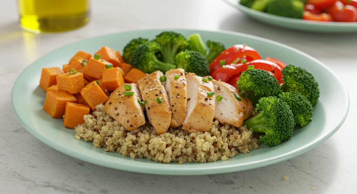 A balanced and nutritious meal with fresh vegetables, protein, and whole grains.