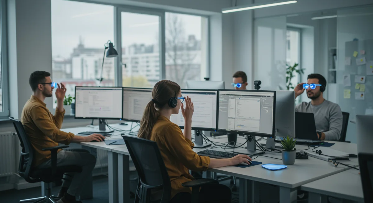 Office workers practicing eye exercises and using blue light filters to combat digital eye strain.
