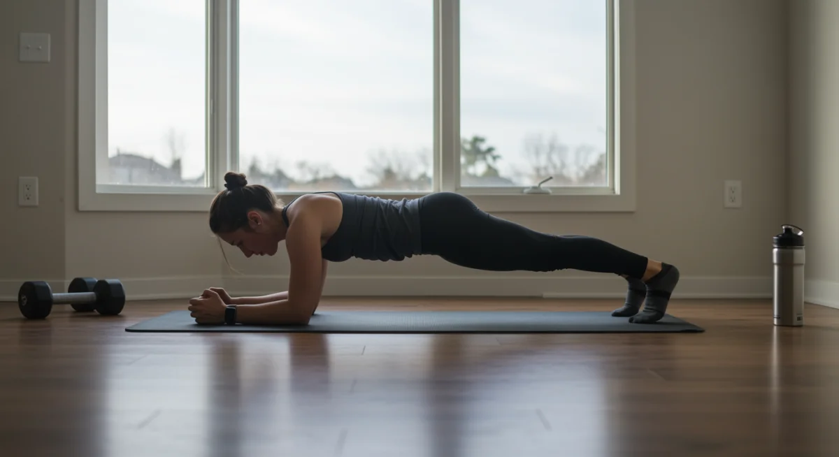 Person performing a perfect plank on a yoga mat at home